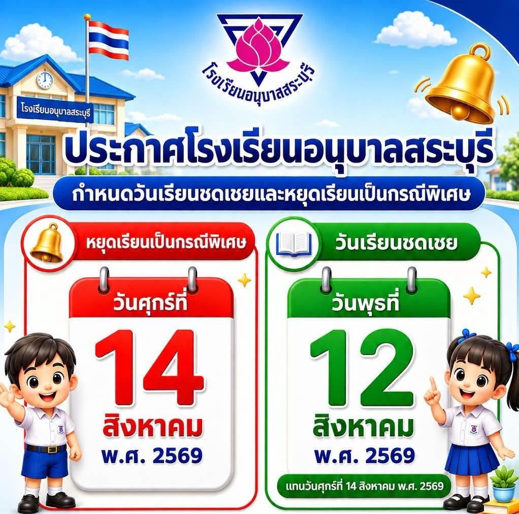 ประกาศโรงเรียนอนุบาลสระบุรี เรื่อง กำหนดวันเรียนชดเชยและหยุดเรียนเป็นกรณีพิเศษ