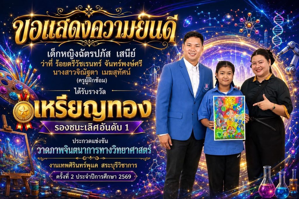 ขอแสดงความยินดีกับเด็กหญิงฉัตรปภัช เสนีย์ ได้รับรางวัลรองชนะเลิศอันดับ 1 การประกวดวาดภาพจินตนากาวิทยาศาสตร์งานเทพศิรินทร์พุแคสระบุรีวิชาการ ปีการศึกษา2569