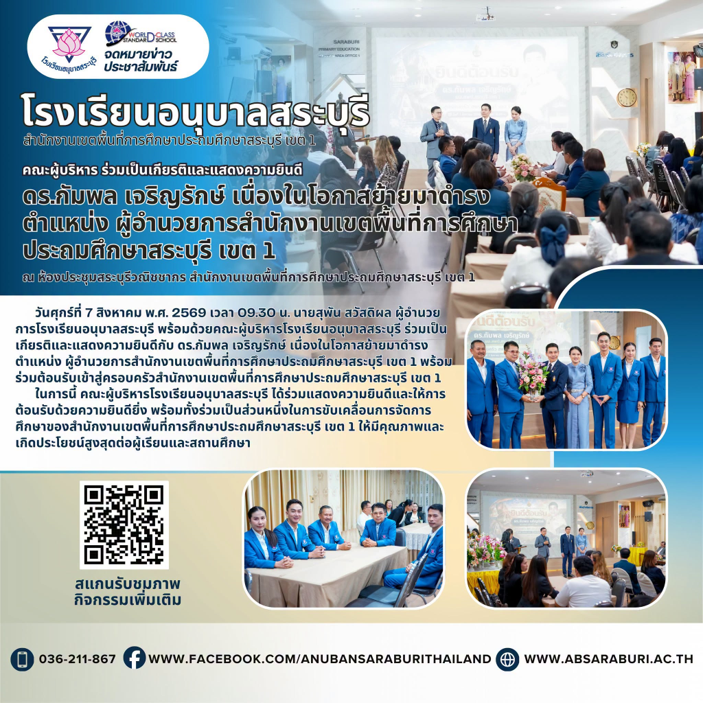 โรงเรียนอนุบาลสระบุรี ร่วมแสดงความยินดีและต้อนรับผู้อำนวยการสำนักงานเขตพื้นที่การศึกษาประถมศึกษาสระบุรี เขต 1