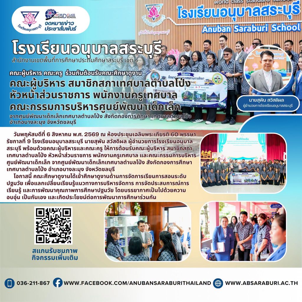 ยินดีต้อนรับคณะผู้บริหาร สมาชิกสภาเทศบาลตำบลโป่ง หัวหน้าส่วนราชการ พนักงานครูเทศบาลและคณะกรรมการบริหารศูนย์พัฒนาเด็กเล็ก จากศูนย์พัฒนาเด็กเล็กเทศบาลตำบลโป่ง จังหวัดชลบุรี